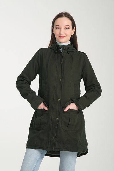 Moda Days Women's Dark Khaki Zippered Hooded Fleece Inside Coat