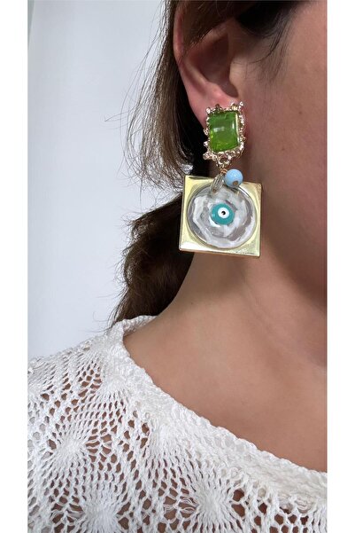 Pelin Aksesuar Yeşil Nazar Boncuklu Tasarım Küpe