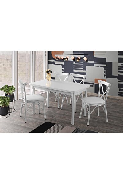 Sweet Home Sabit Masa Beyaz Masa 6 Adet Çapraz Sandalye Sırt Plastik Takım