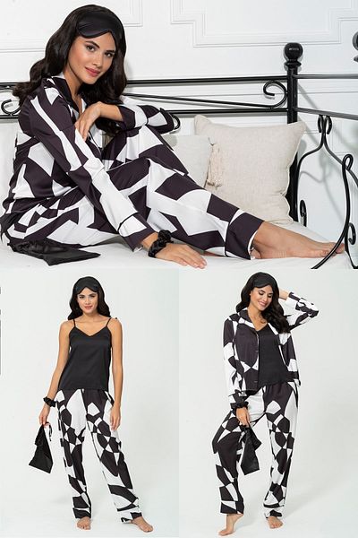 for you sleepwear 6-Piece Asymmetrical Black and White Satin Pajama Set