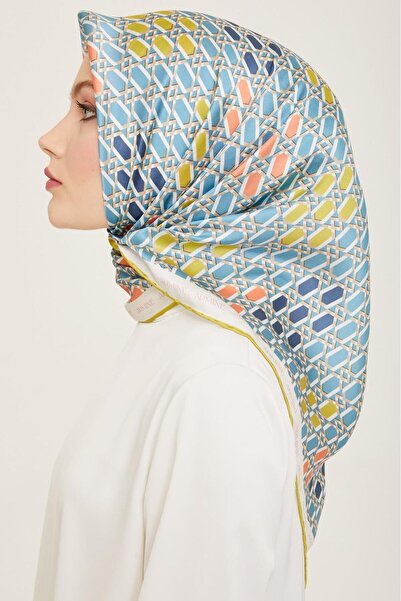 Armine Havacı Mavi - Yağ Yeşil Geometrik Desen Sura İpek Eşarp 9144 - 85