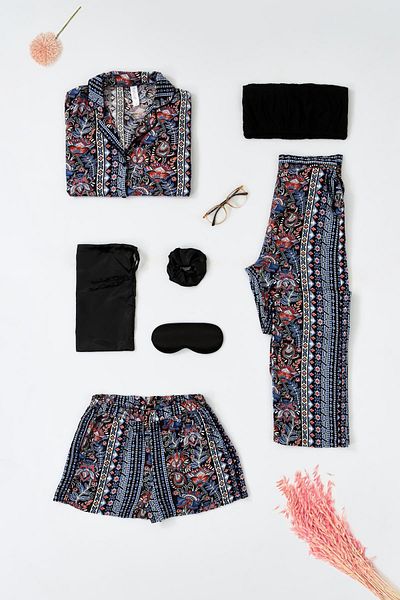 FOR YOU MODA 7-Piece Viscose Inside and Outside Ethnic Pattern Black Pajama Set