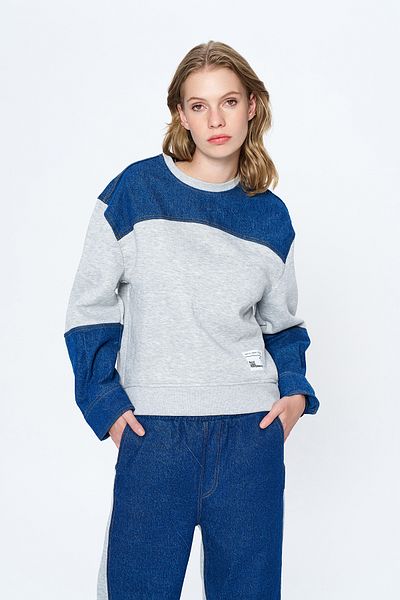Quzu Denim Detailed Sweatshirt Gray