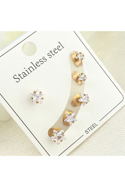 Kyver Solitaire Earrings Star Model Solitaire Triple Set Earrings Tarnish-Free Steel Gold