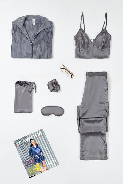 For You İn Out 6-Piece Pleated Gray Bustier Pajama Set