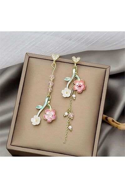 Pelin Aksesuar Pink and White Floral Pattern Asymmetric Spring Earrings