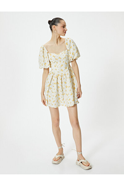 Koton Balon Kol Çiçekli Kloş Elbise Mini Boy Kalp Yaka Dokulu