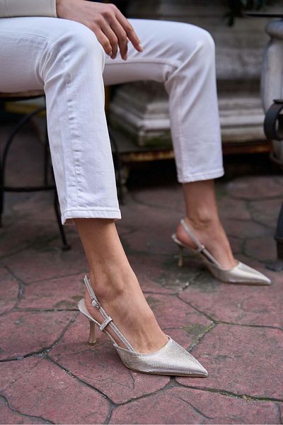 Madamra Goldene gemusterte Damenschuhe mit dünnem Absatz
