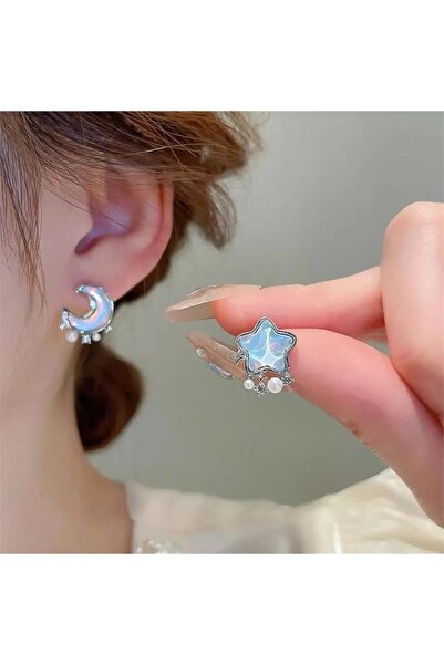 Pelin Aksesuar Mavi Sedefli Taşlı Ay Yıldız Küpe