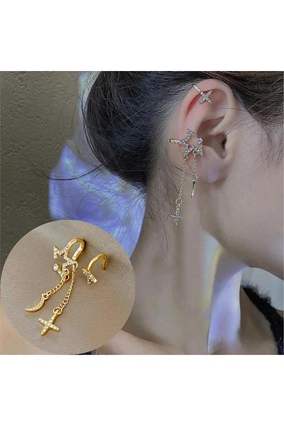 Pelin Aksesuar Moon Star Dangle Ear Piercing Earrings