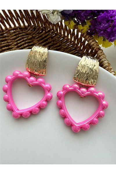 Pelin Aksesuar Big Heart Design Pink Earrings