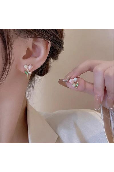 Pelin Aksesuar Elegant Pink Earrings - Cream Tulips