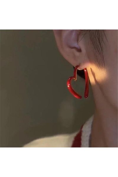 Pelin Aksesuar Heart Patterned Red Earrings