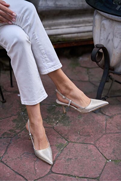 Madamra Gold Women's Patterned Thin Heeled Shoes