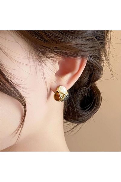 Pelin Aksesuar Vintage Khaki Earrings - Brown and Beige Stone Detailed