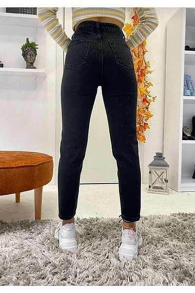 LAMİRA Blugi negri Mom Jean cu talie înaltă din Lycra