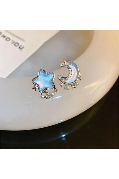 Pelin Aksesuar Jewelled Blue Pearlescent Moon Star Earrings