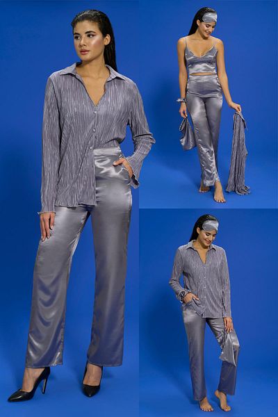 For You İn Out 6-Piece Pleated Gray Bustier Pajama Set