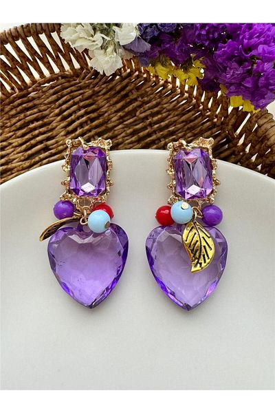 Pelin Aksesuar Purple Design Earrings with Heart