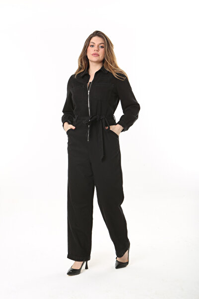 Şans Women's Plus Size Black Front Zipper Back Waist Elastic And Belt Detailed Pocket Jumpsuit 65N37469