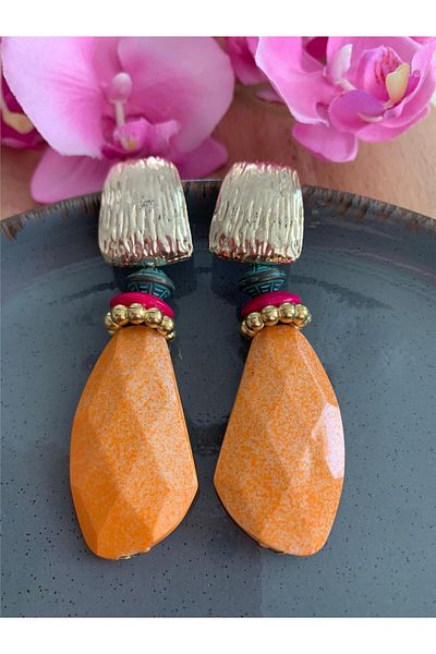 Pelin Aksesuar Orange Beaded Design Earrings