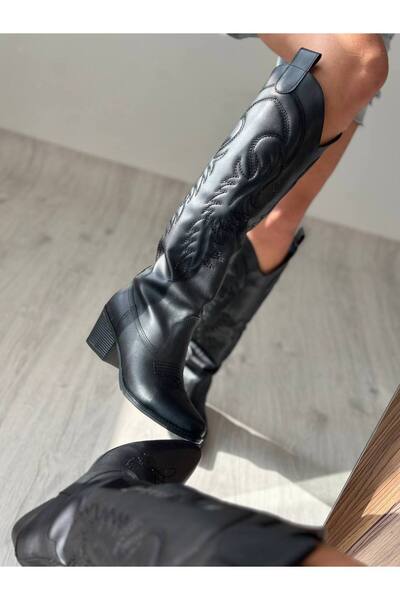 Favi Ayakkabı Black Leather Cowboy Style Boots with Embroidered Toe and Sides