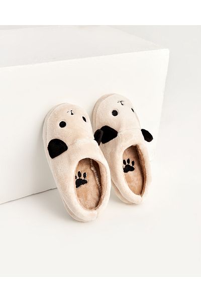 Chirpy Foam - Cream Women's House Slippers with Dog Figure