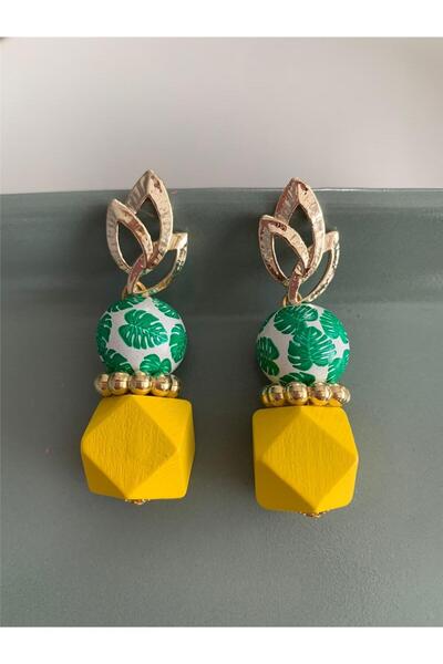 Pelin Aksesuar Yeşil Yaprak Desenli Sarı Küpe Tasarım Küpe