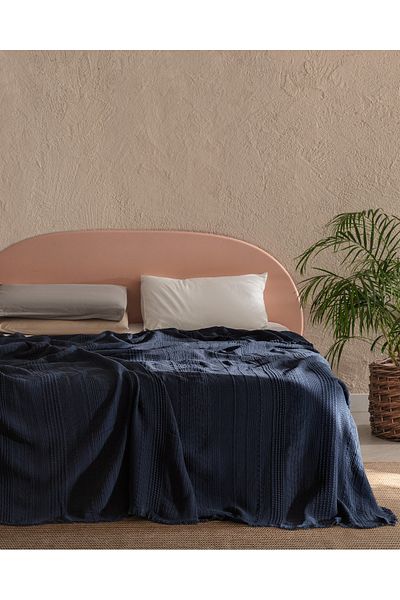 Madame Coco Lucille King Size 100% Cotton Bedspread - Navy Blue
