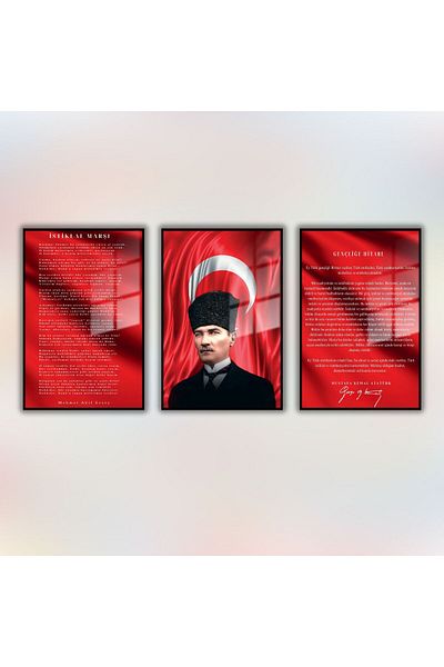 GAAGART Set de 3 mese din sticlă cu cadru metalic Kalpaklı Atatürk Istiklal Şantă şi Hitabe pentru tineret