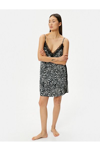 Koton Leopard Patterned Nightgown Thin Strap Lace V-Neck