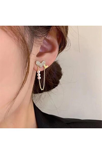 Pelin Aksesuar Gold Kristalli İncili Sallantılı Kalp Küpe