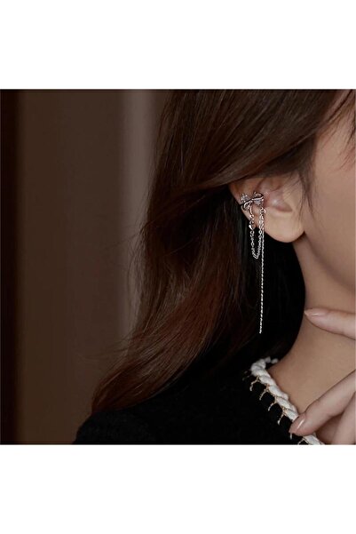 Pelin Aksesuar Silver Kristalli Zincirli Fiyonk Küpe