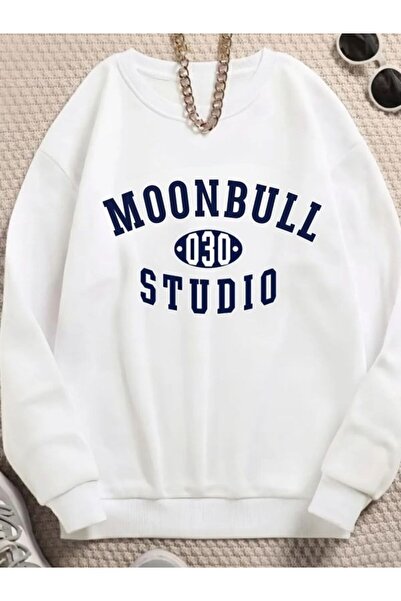 MOONBULL Унисекс овърсайз студио суитшърт с велосипедна яка и принт