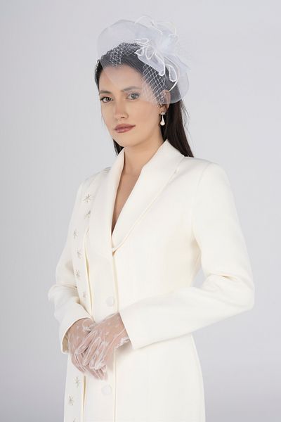 PEARL White Long Jacket Dress - Shawl, Stone and Bead Embroidered, Padded Double Breasted Neckline, Wedding and Bridal Dress