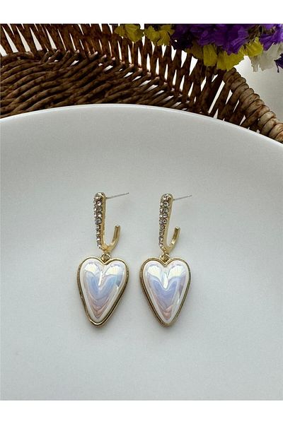 Pelin Aksesuar Heart Patterned White Stone Earrings