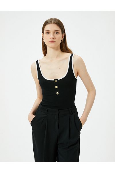 Koton Farbkontrastierendes Tanktop mit Metallknopf und geripptem Viskosestoff