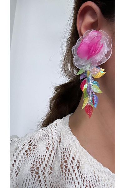 Pelin Aksesuar Organza Pink Flower Patterned Sequin Earrings