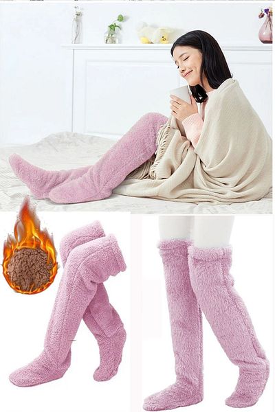 SAUNA SUIT Șosete de dormit de pluș pentru femei roz pudrat - Încălzitor pentru picioare Sosete de cameră peste genunchi XS-XL