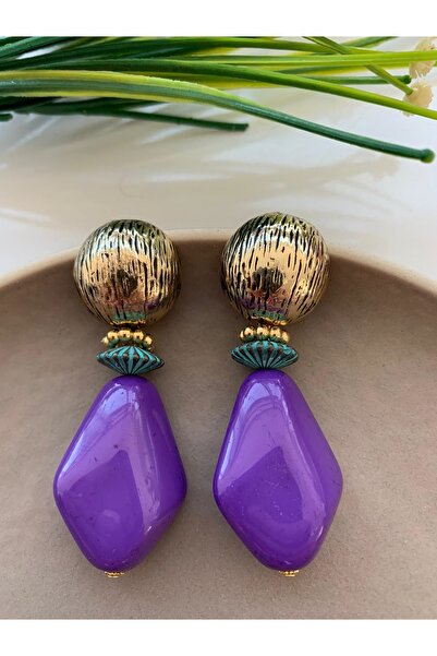 Pelin Aksesuar Mor Büyük Boncuklu Tasarım Küpe