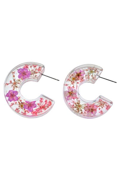 Pelin Aksesuar Pink Flower Filled Hoop Earrings