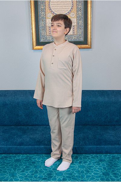 ihvanonline Boy's Hajj Umrah Half Placket Shirt Pants Set - Beige (Krk)
