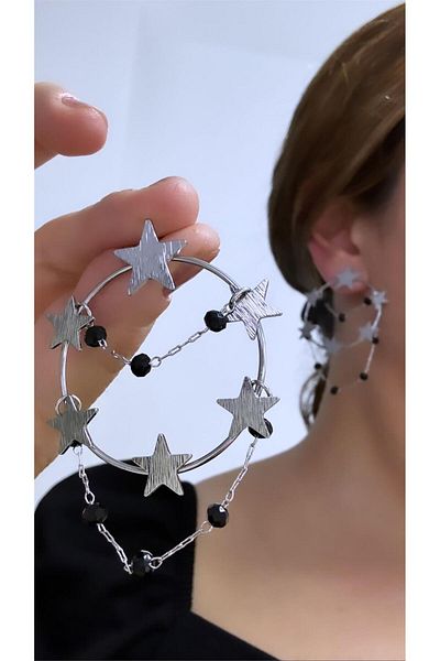 Pelin Aksesuar Silver Chain Dangle Stars Earrings