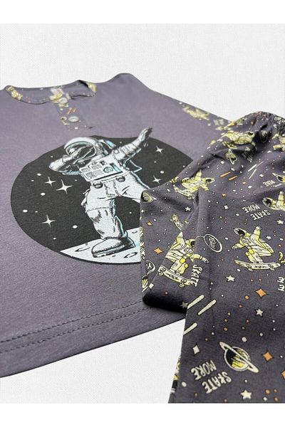 Fil Kids Boys - 100% Cotton Anthracite Astronaut Space Planet Print Long Sleeve Winter Pajamas Set