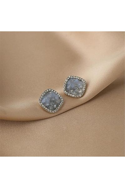 Pelin Aksesuar Smoked Blue White Square Earrings with Crystals
