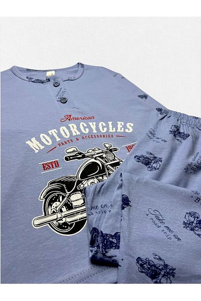 Fil Kids Set de pijamale sezoniere cu mânecă lungă, 100% bumbac, albastru deschis pentru motociclete