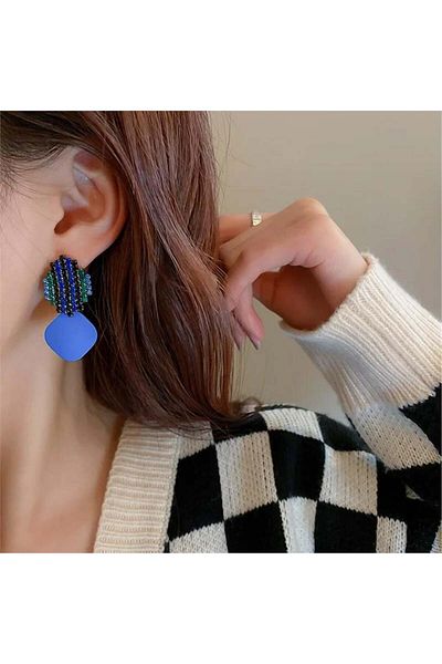 Pelin Aksesuar Navy Blue Square Plaid Earrings with Stone Detail