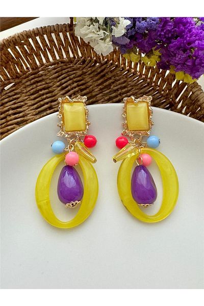 Pelin Aksesuar Yellow Purple Earrings with Bead Detail