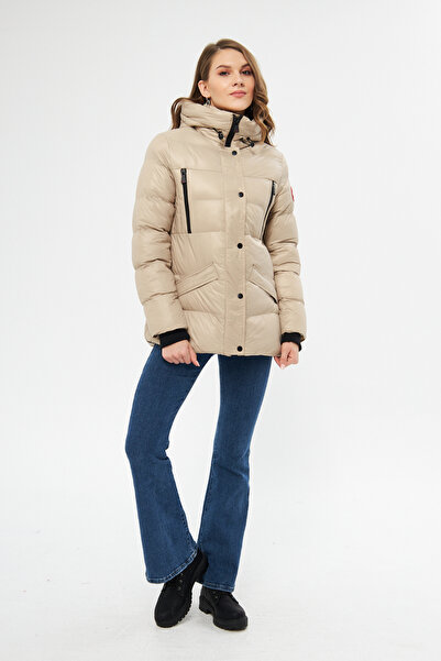 DYNAMO Γυναικείο παλτό μπεζ με κουκούλα με φερμουάρ και κουμπωτό κλείσιμο