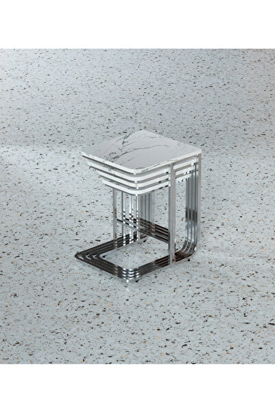 makbulce Aslan Zigon Sehpa 4 Lü Tekerlekli Krom Beyaz Mermer